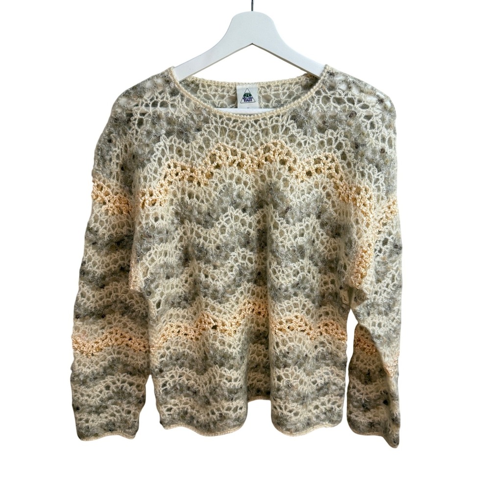 NEW FAST Open Knit Sweater Cream Gray Peach Long Sleeve Womens Size M Grannycore